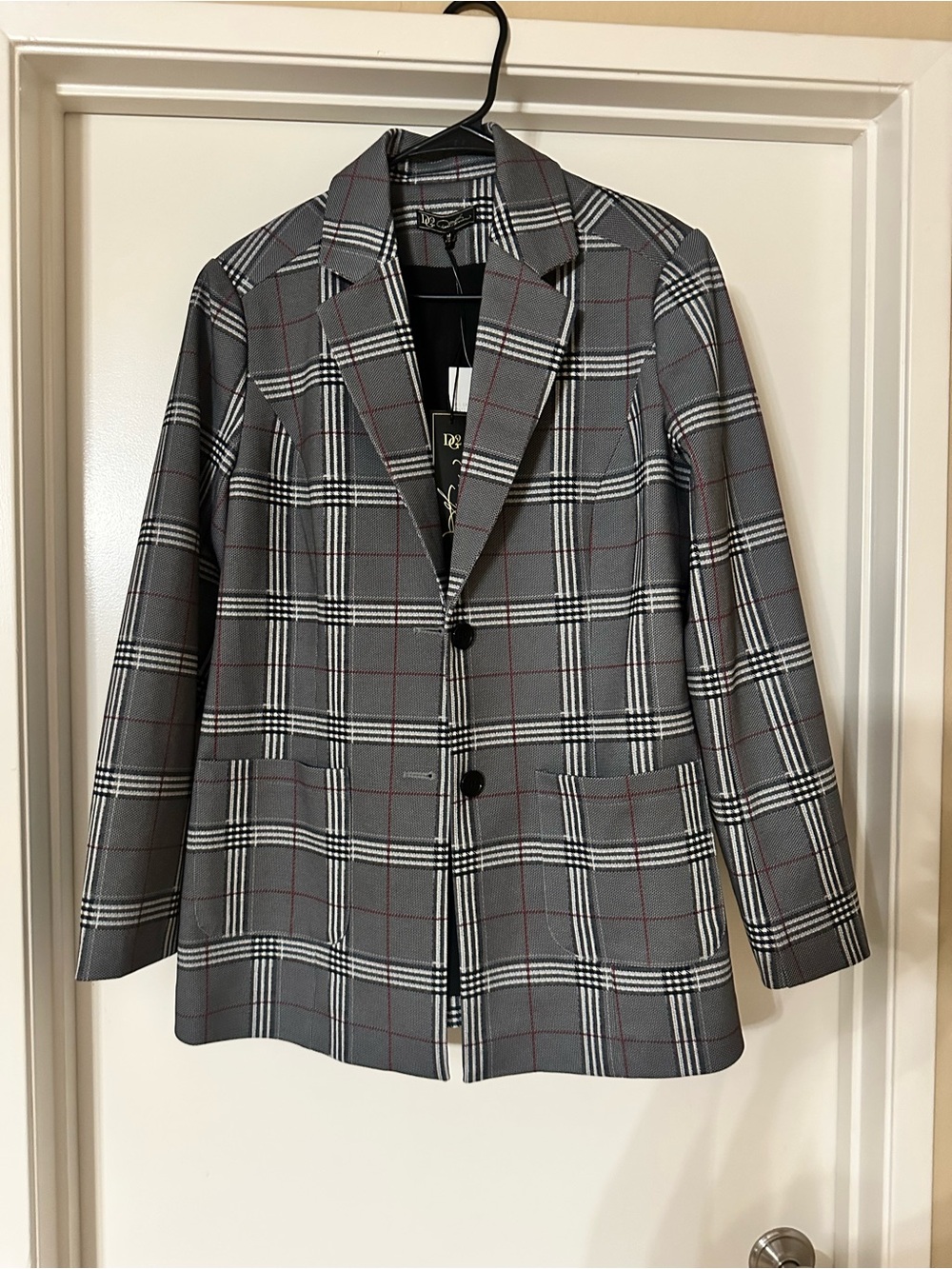 DG2 by Diane Gilman Gray Plaid Blazer with Red Windowpane
